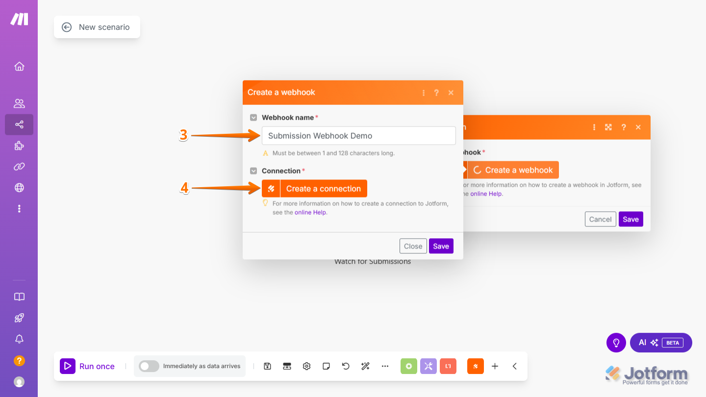 Setting Up the Webhok Name and Clickin on Create a Connection in Make