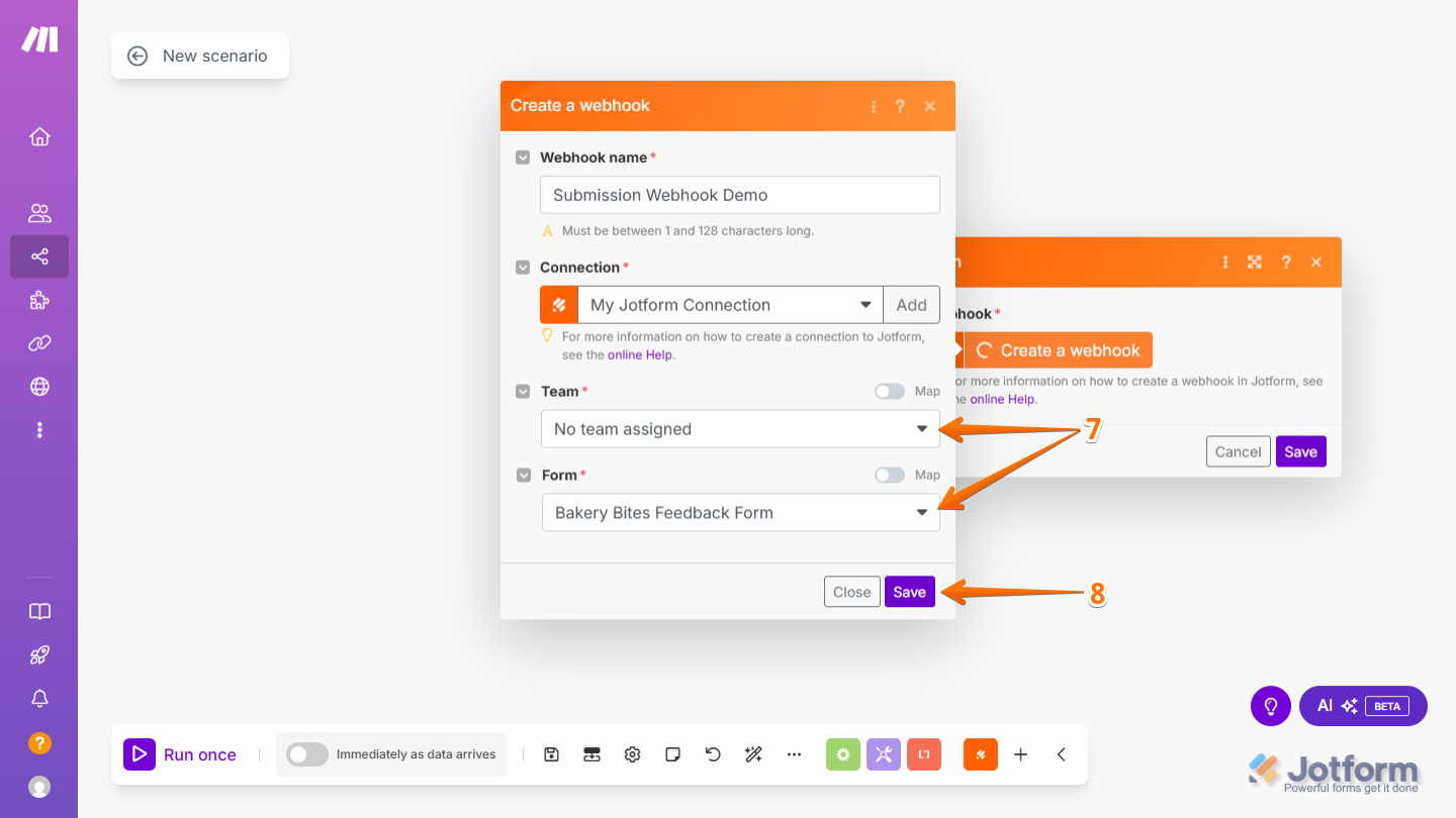 Configuring the option, Team and Form and Save button in Make