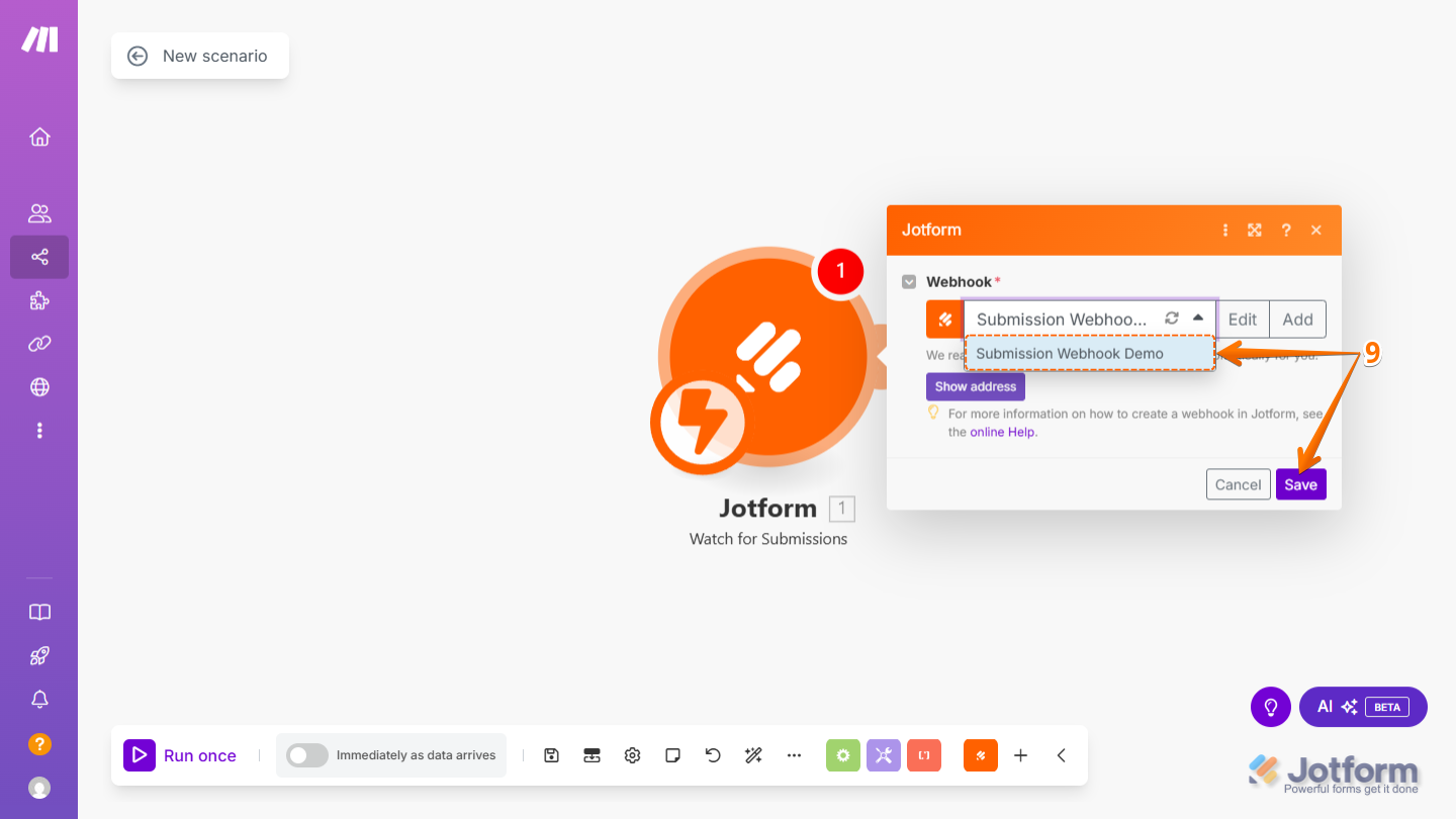 Newly Created Webhook selected from the Webhook Dropdown and Save button
