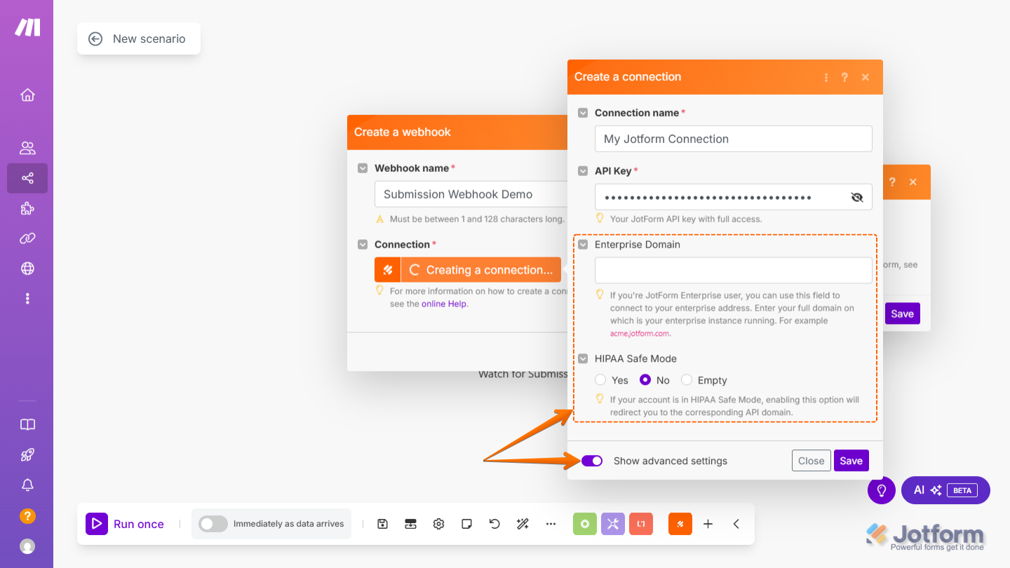 For HIPAA and Enterprise Jotform User option to set up the Enterprise Domain and HIPAA Safe mode in Make with Jotform