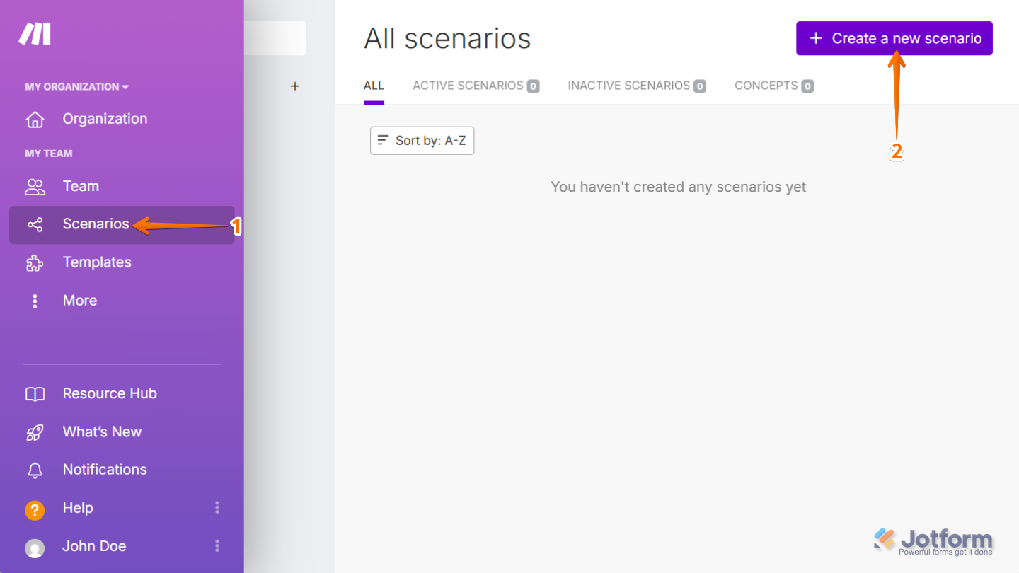 Create a new scenario in Make with Jotform selected.