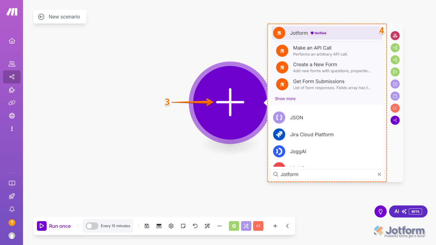 Add Jotform to your scenario in Make by clicking the plus icon and selecting it from the list