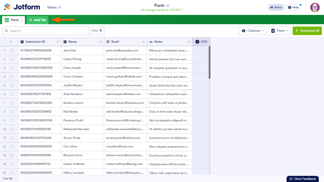 The Add Tab button in Jotform Tables Screenshot 20