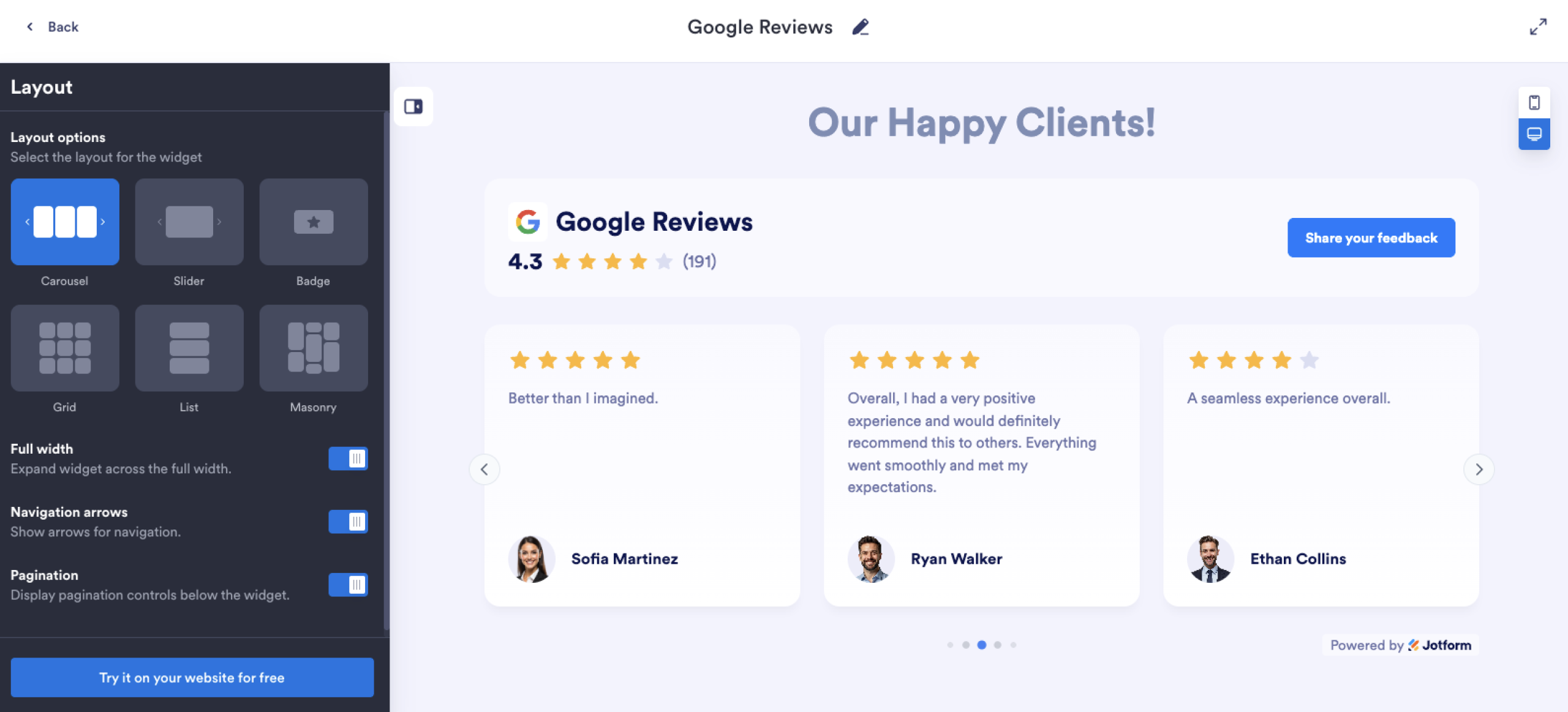 Viewing the Google Reviews widget window