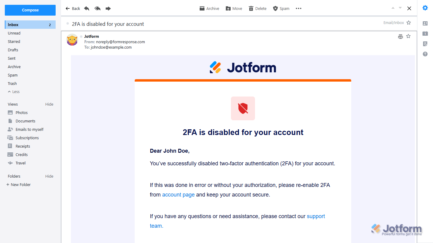Disabled 2FA notification email sent to the account email address
