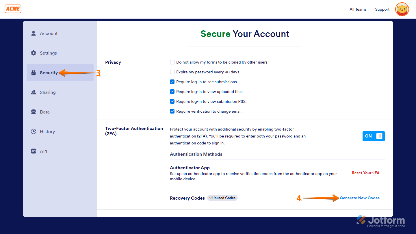 Security Settings tab and Generate New Codes in Jotform Enteprise