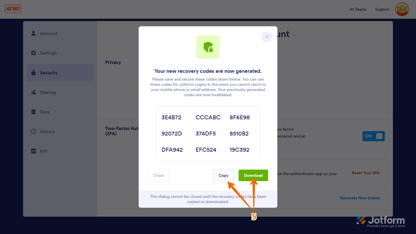 Generate Recovery Codes window with Copy and Download button in Jotform