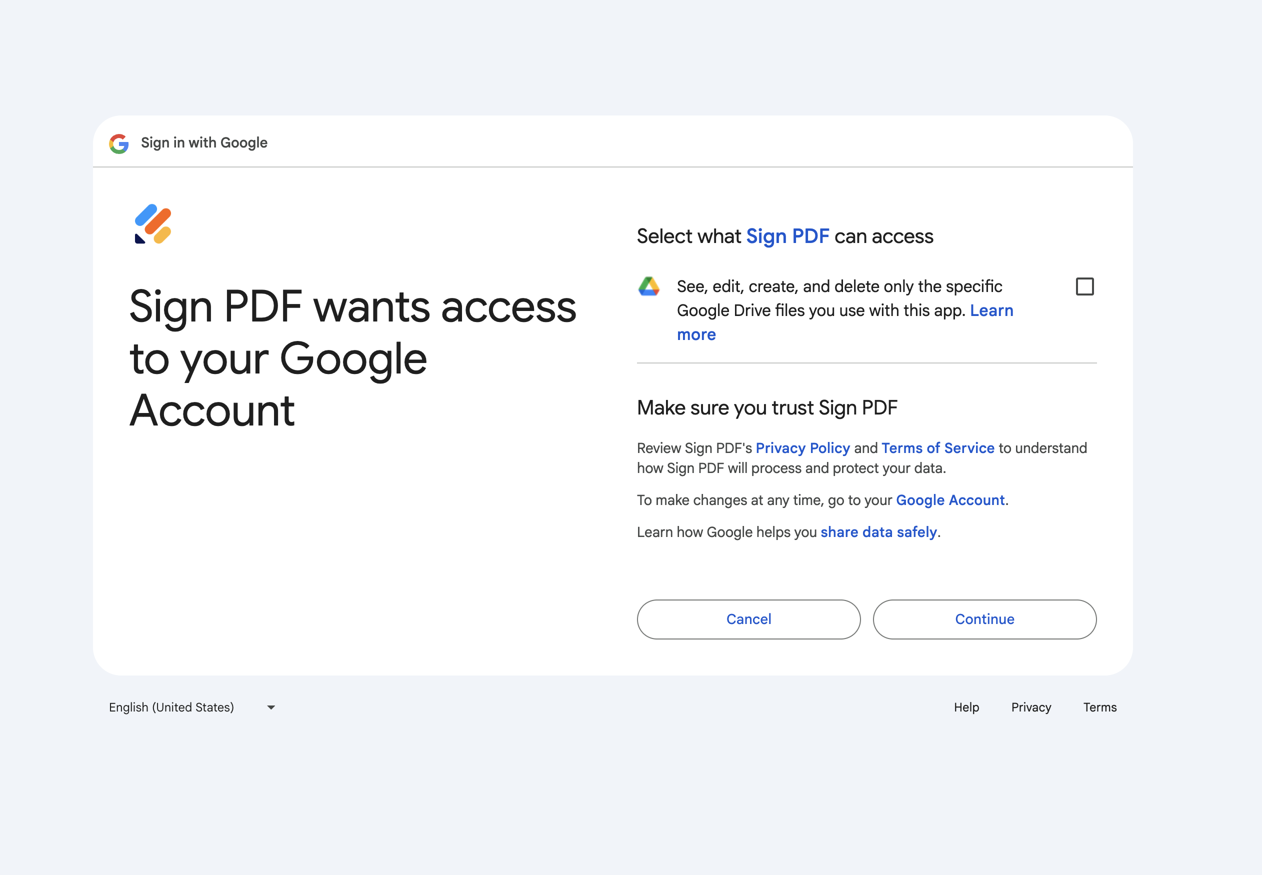 An image of Google informing you about permissions you're granting to Jotform for Sign PDF