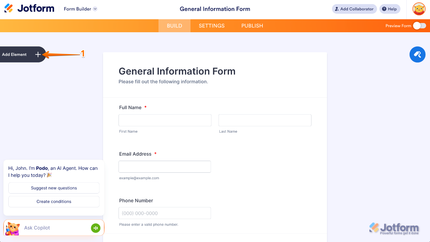 Form Builder interface highlighting the Add Element button on the left panel to add new fields and widgets to a form