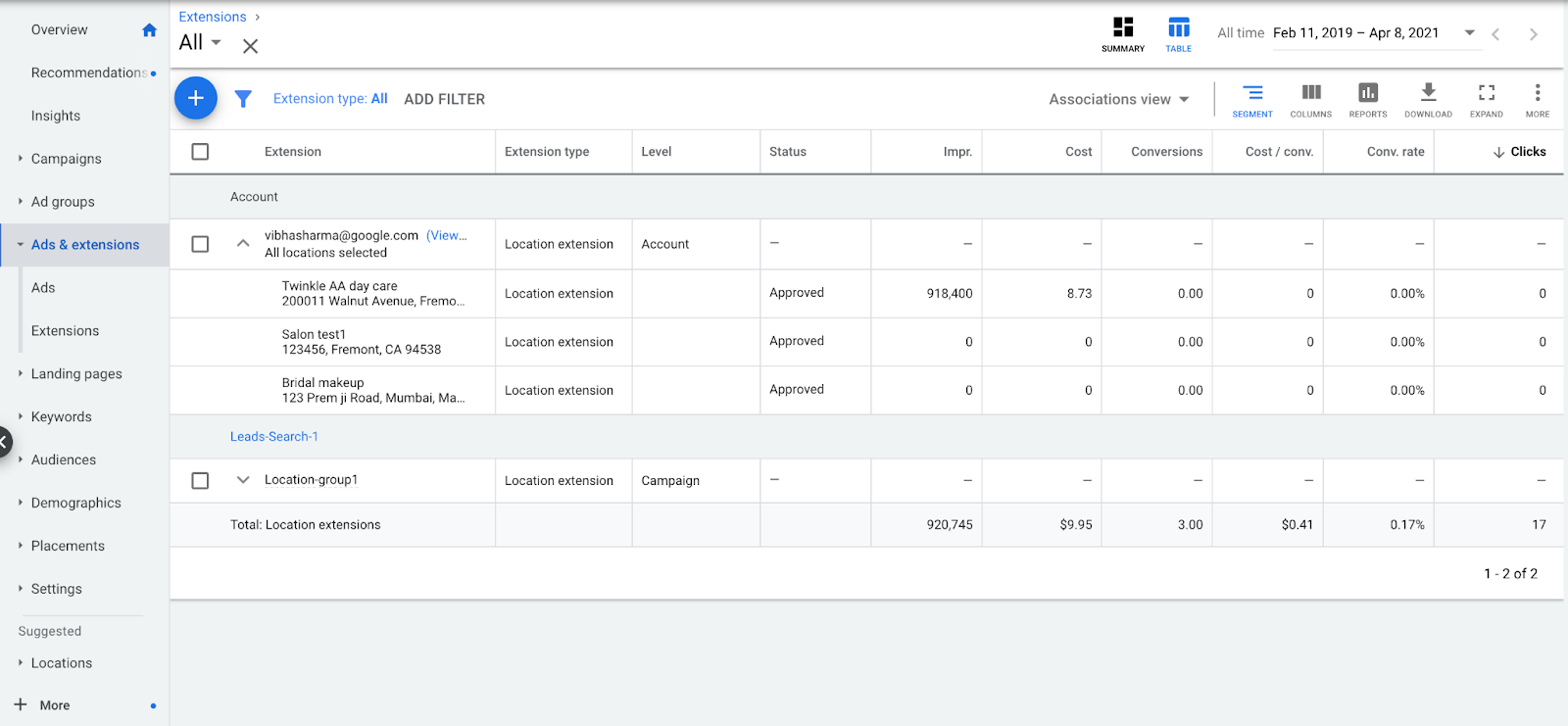 Benutzeroberfläche von Google Unternehmensprofile