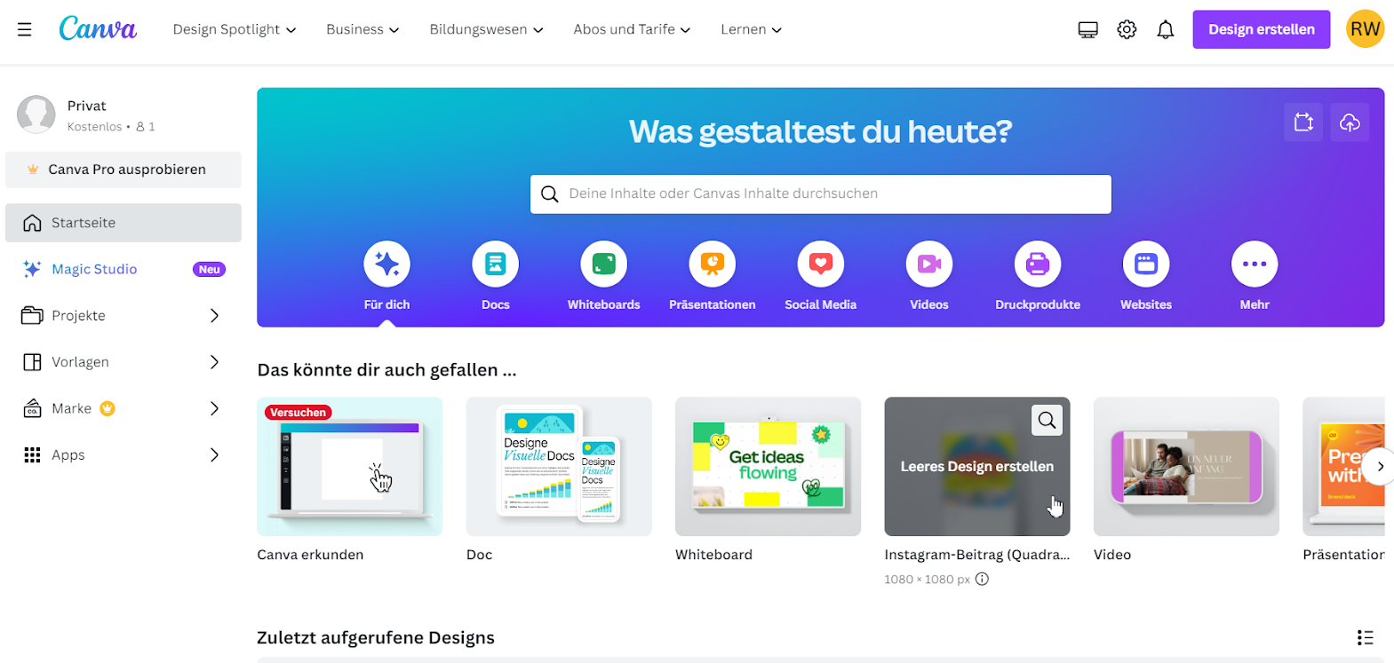 Benutzeroberfläche von Canva