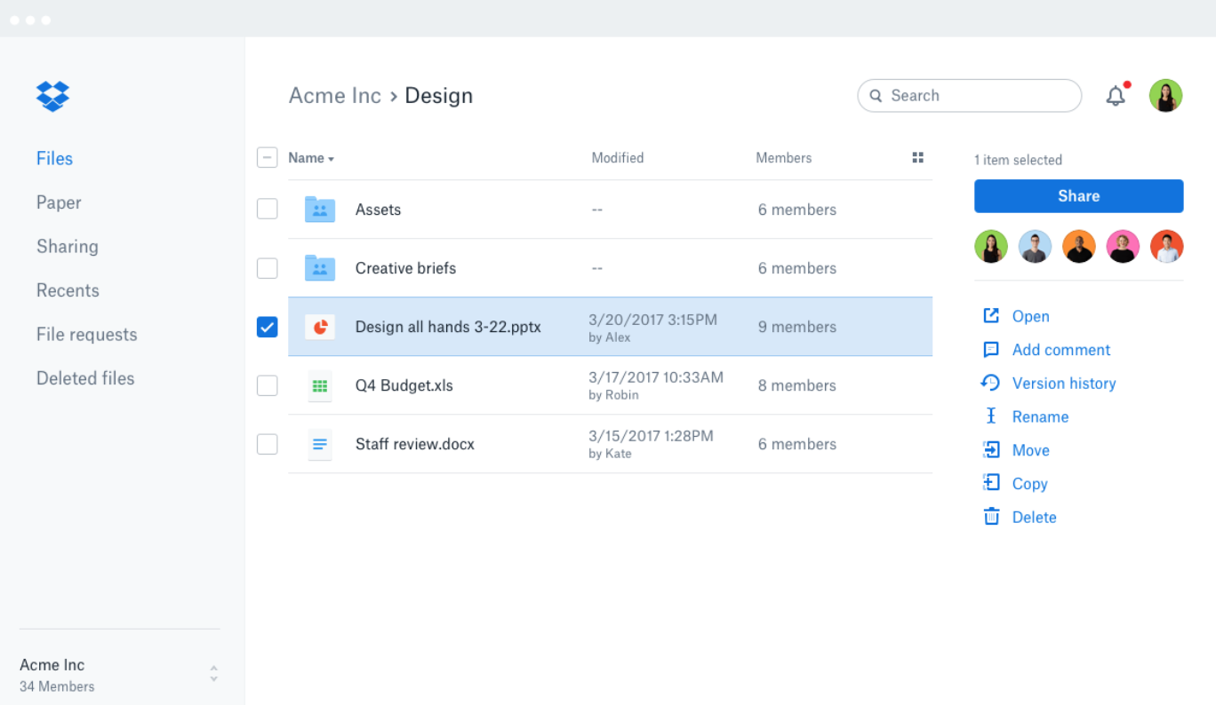 Benutzeroberfläche von Dropbox