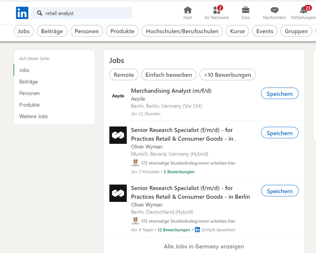 Benutzeroberfläche von LinkedIn