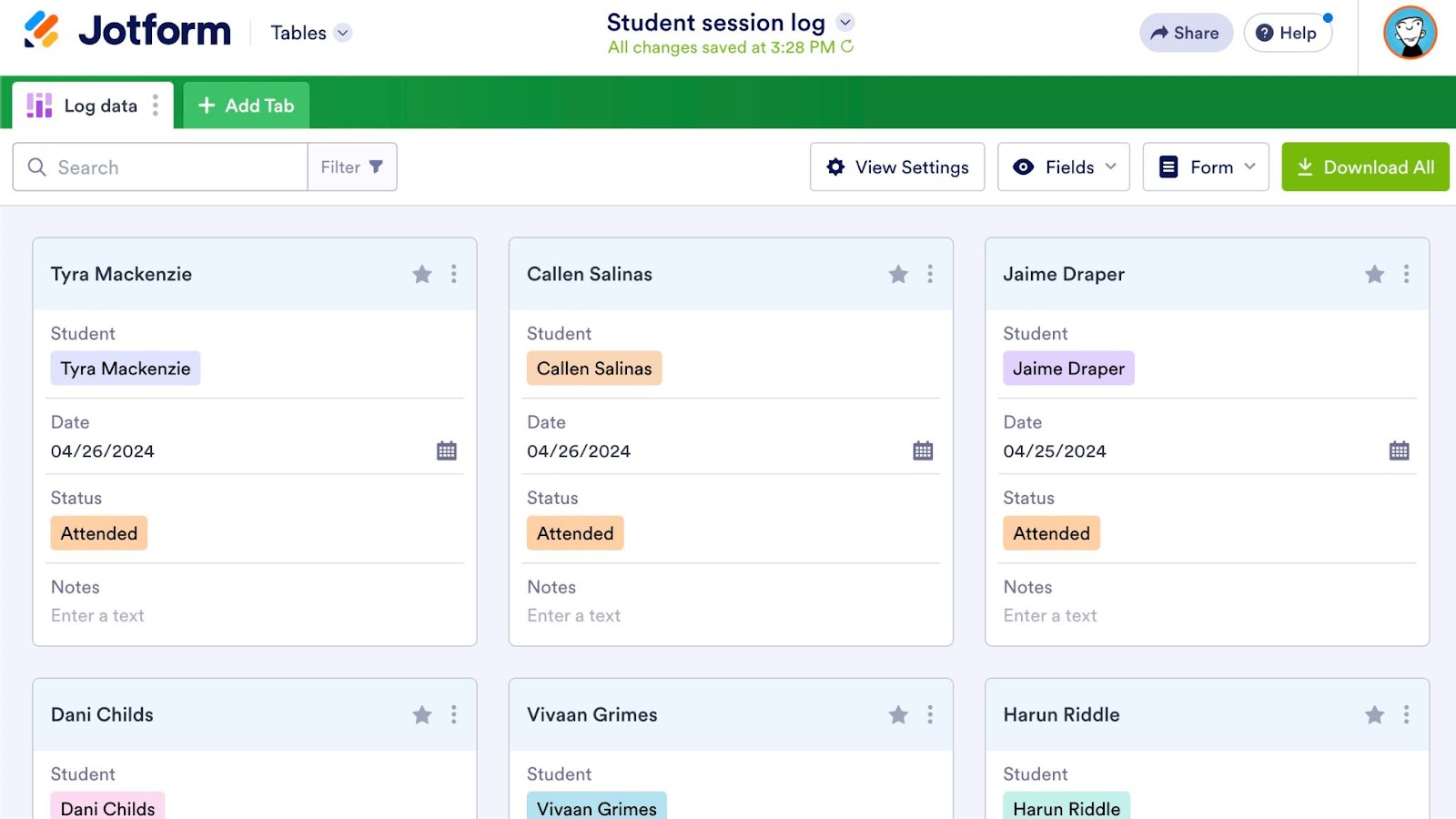 Student Session Log in Jotform Tables in Cards View
