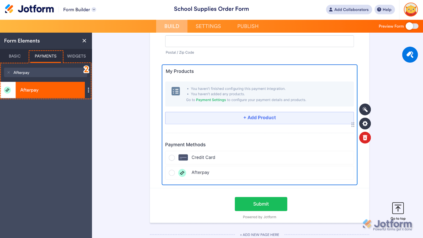 Form Elements menu in Jotform with Payments tab open, showing Afterpay option being clicked or dragged into the form builder to add the payment gateway