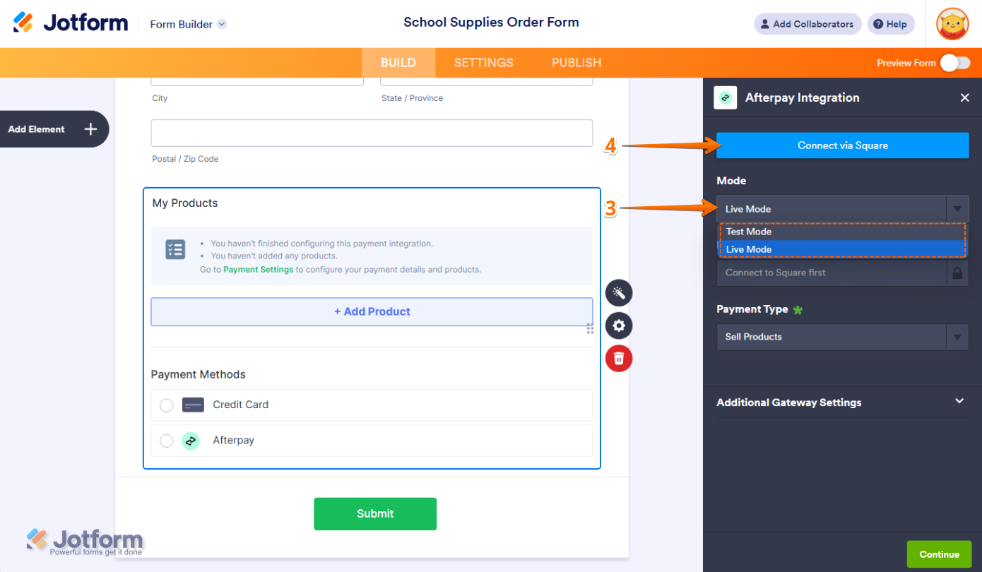 Afterpay Integration menu with Mode dropdown showing Live and Test options, and Connect via Square button highlighted to link the account