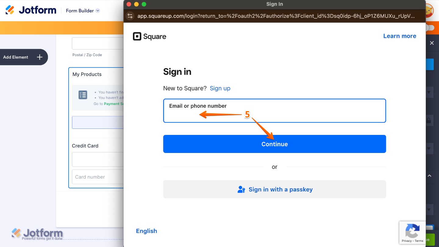 Square Sign In window prompting the user to enter their email address, click Continue, and follow authentication steps to connect Square with Afterpay integration