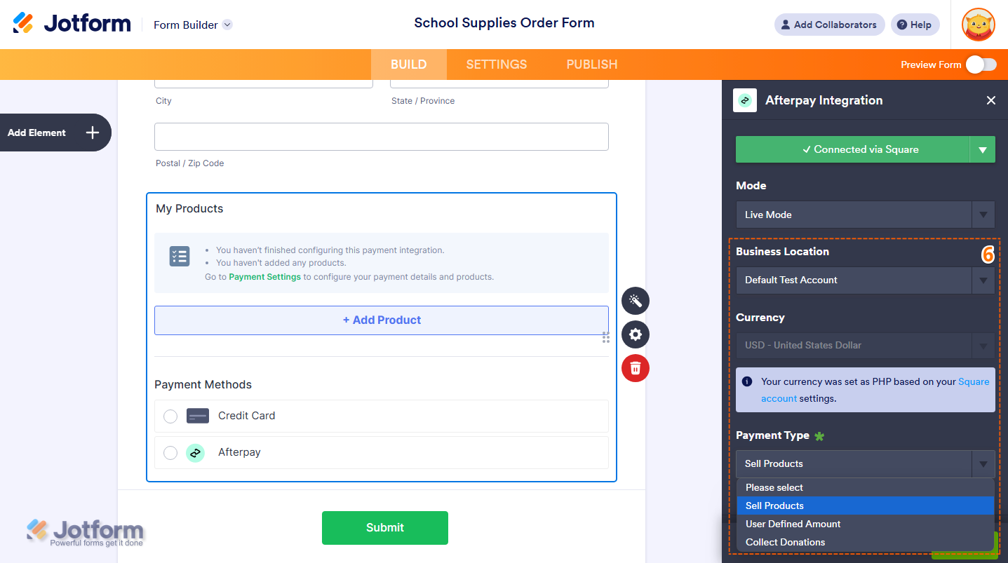 Square integration settings in Afterpay setup showing Business Location dropdown and Payment Type options for products, donations, or custom amounts