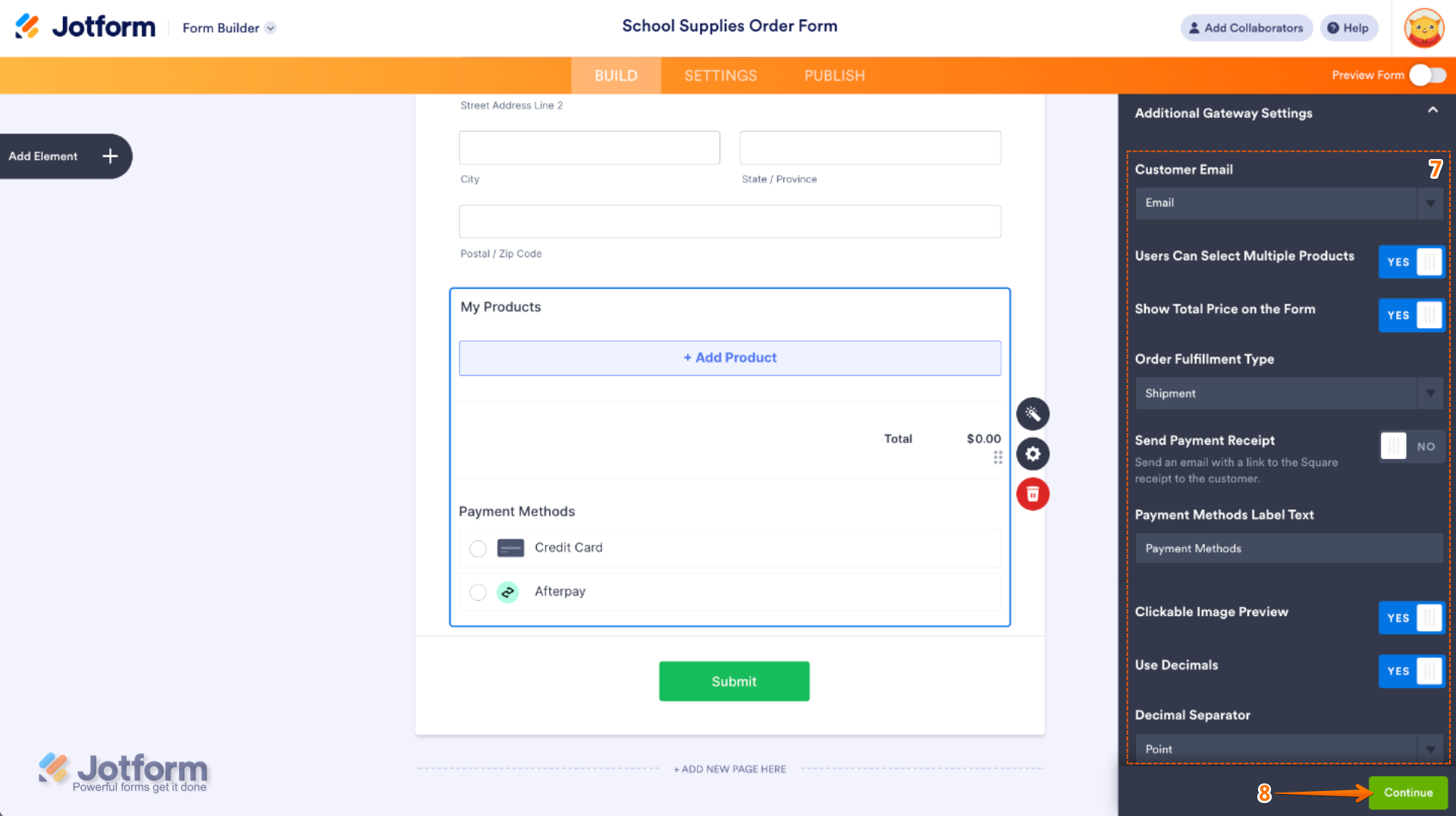Additional Gateway Settings panel in Afterpay integration with options to map customer email, enable multiple product selection, show total price, choose order fulfillment type, send payment receipts, edit payment label text, allow clickable image preview, and configure decimals and separators