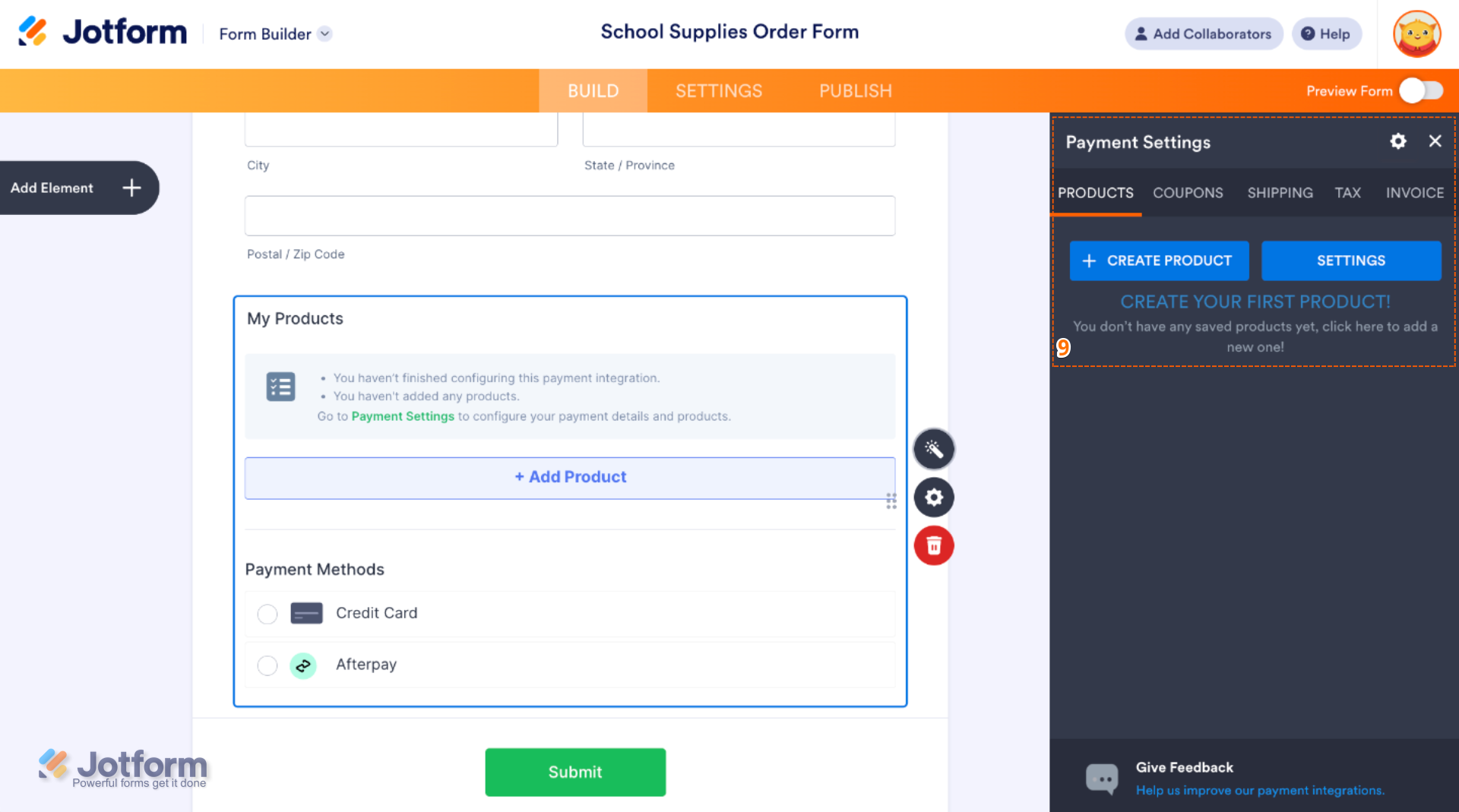 Payment Settings menu in Afterpay integration showing options to manage products, add coupons, configure shipping and tax, and enable automatic invoices for form submissions