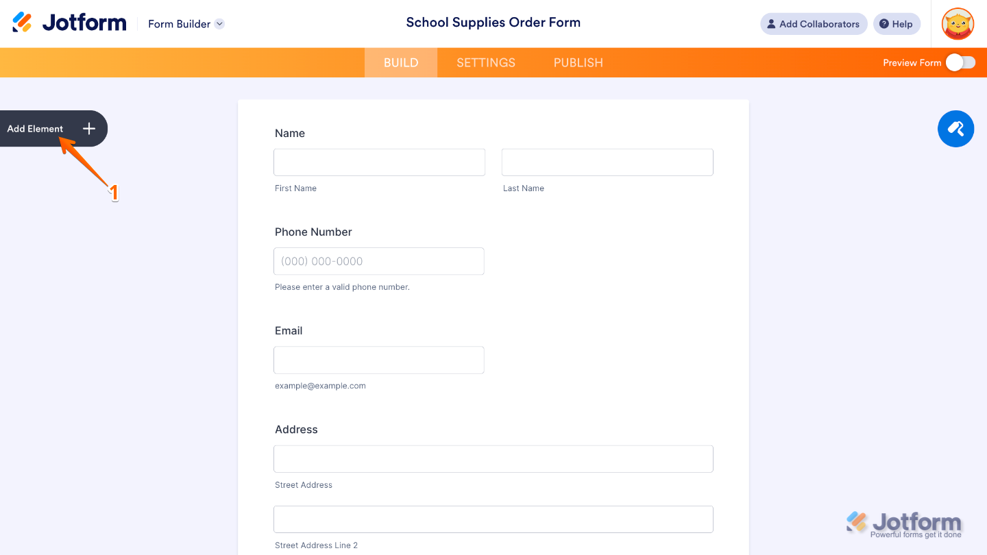 Form Builder interface with Add Element button highlighted on the left panel to insert fields, widgets, or payment integrations into the form