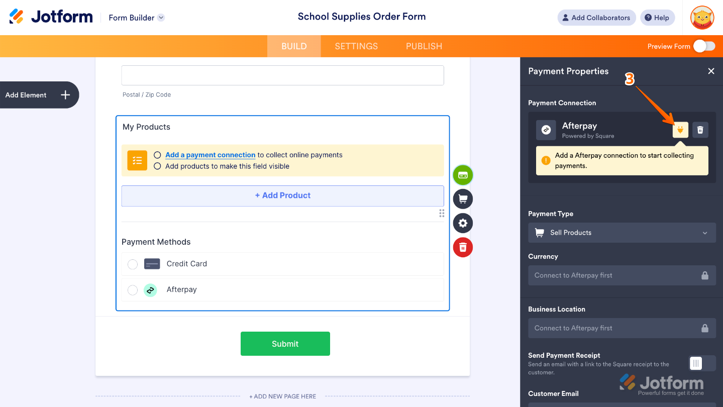 Payment Properties panel in Form Builder with Plug icon highlighted to open Afterpay integration settings
