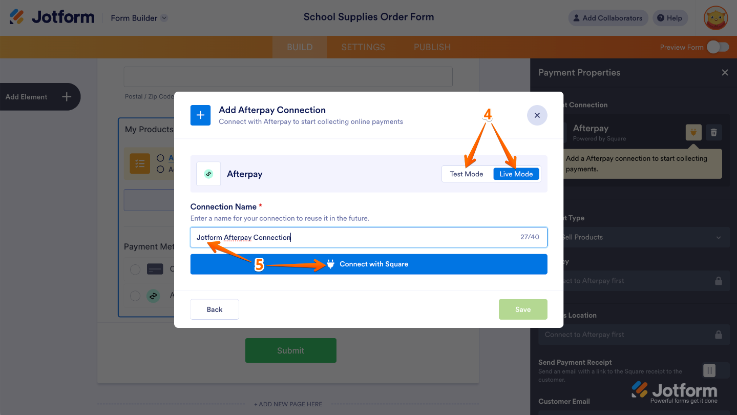 Add Afterpay Connection window showing Test Mode and Live Mode options, a field for Connection Name, and Connect with Square button to link the account
