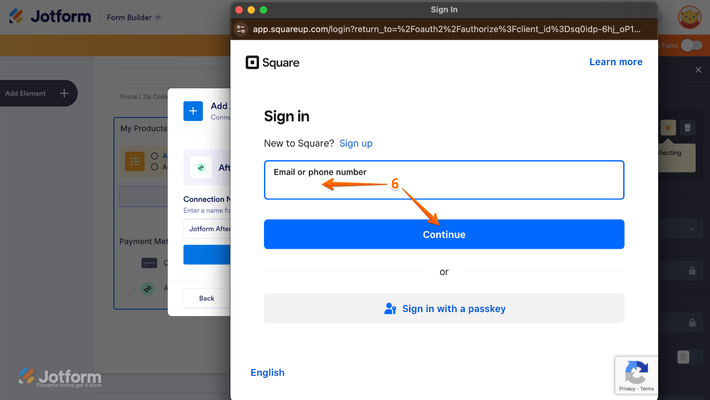 Square Sign In pop-up window where the user enters their email address, clicks Continue, and completes authentication to link their Square account with Afterpay
