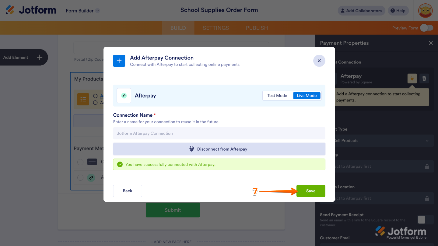 Save button highlighted in Afterpay integration window to confirm and store the Square connection settings