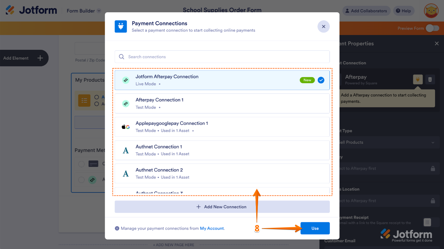 Payment Connections window
showing available Afterpay connections with the Use button clicked to apply the selected connection.