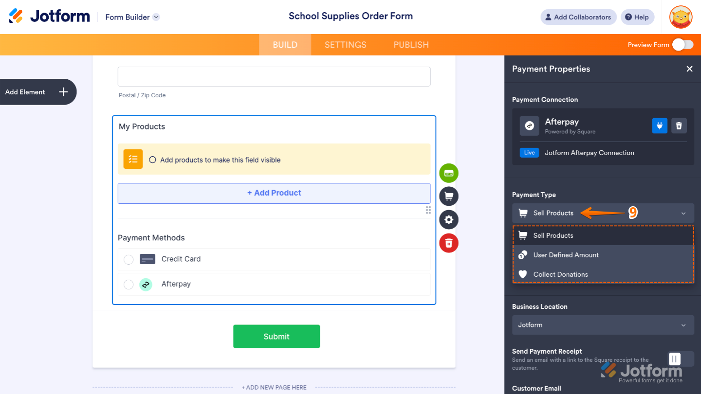Payment Type dropdown menu in Afterpay integration with options to sell products, collect donations, or allow customers to enter a custom amount