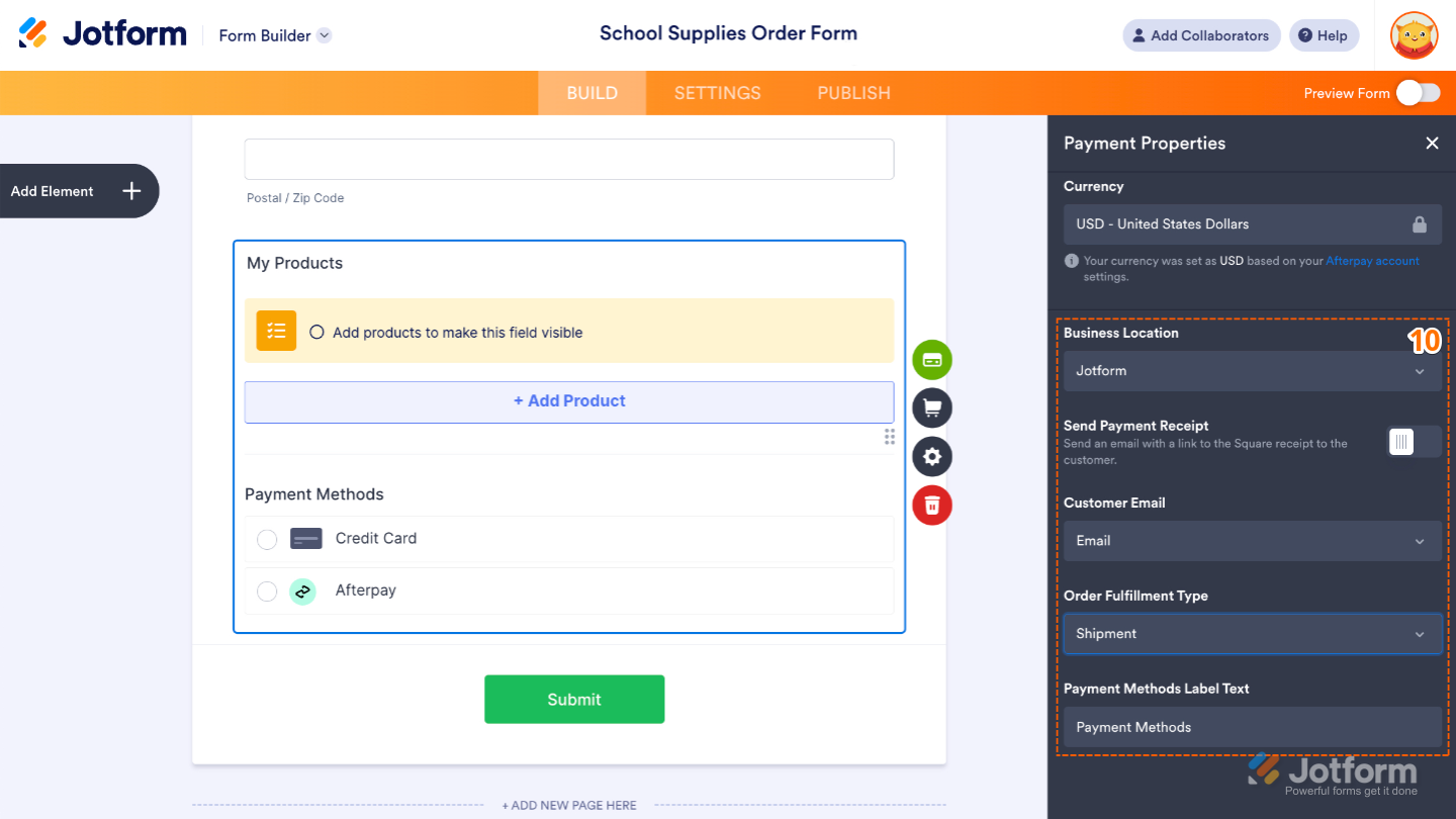 Afterpay integration settings showing Business Location dropdown, Send Payment Receipt toggle, Customer Email selector, Order Fulfillment type options, and customizable Payment Methods label text