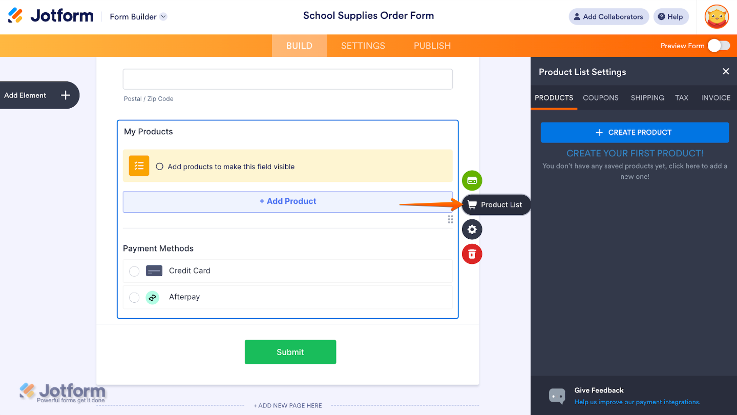 Payment Properties window showing payment type options and setup panel on the right side for adding products, collecting donations, or accepting custom payments