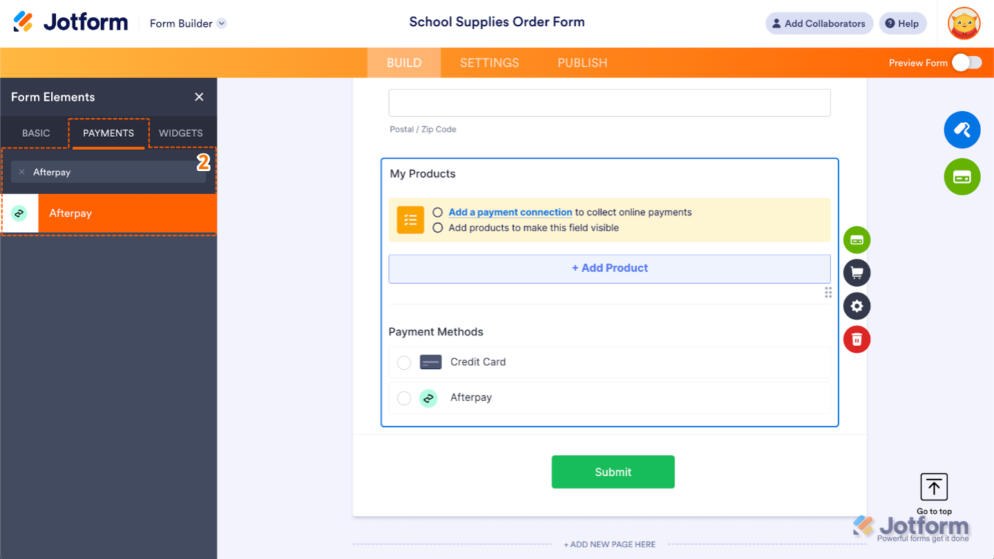 Form Elements menu with Payments tab open, showing Afterpay option being selected or dragged into the form to add the Buy Now, Pay Later payment method