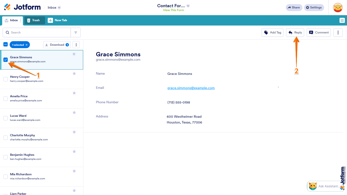 Jotform Inbox showing a selected submission with its checkbox marked and the Reply button visible in the upper-right corner of the page