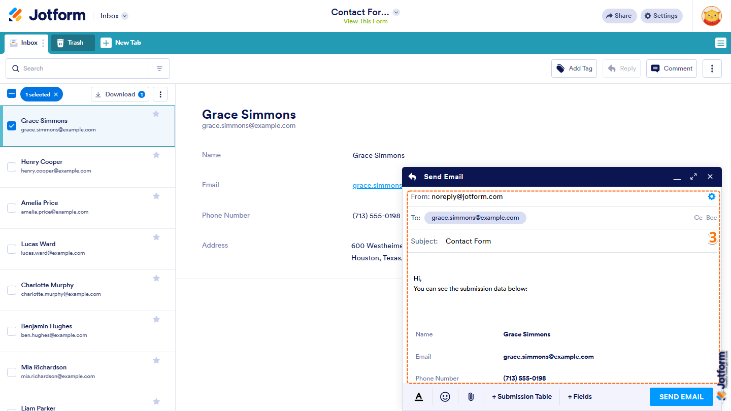 Jotform Inbox reply email window showing sender, recipient, CC/BCC, subject, and message body fields available for customizing an email response to a form submission
