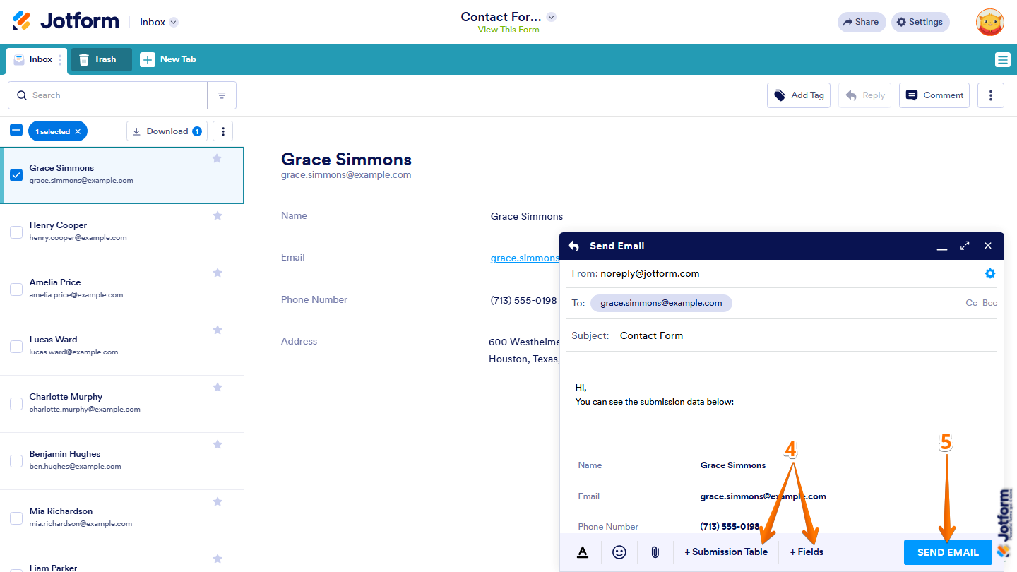 Jotform Inbox email editor showing Submission Table and Fields insertion options at the bottom, with the Send Email button ready to send the message