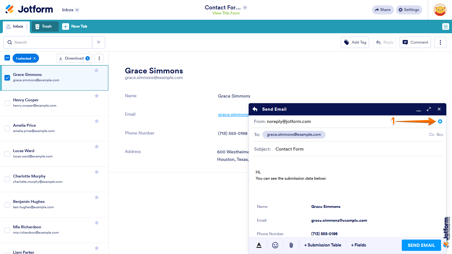Jotform Inbox Send Email window showing the Gear icon on the right side for accessing email settings and customization options