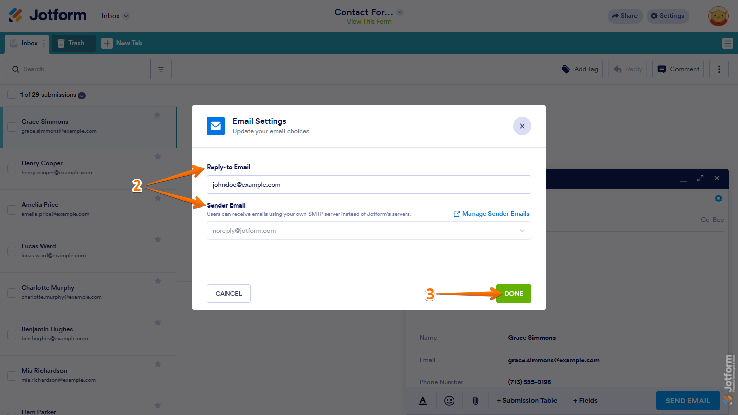 Jotform Inbox Email Settings window showing Reply-to Email and Sender Email options, with a Done button to save email configuration settings