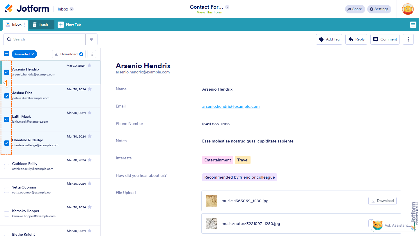 Jotform Inbox showing selected submission checkboxes ready for download in Jotform