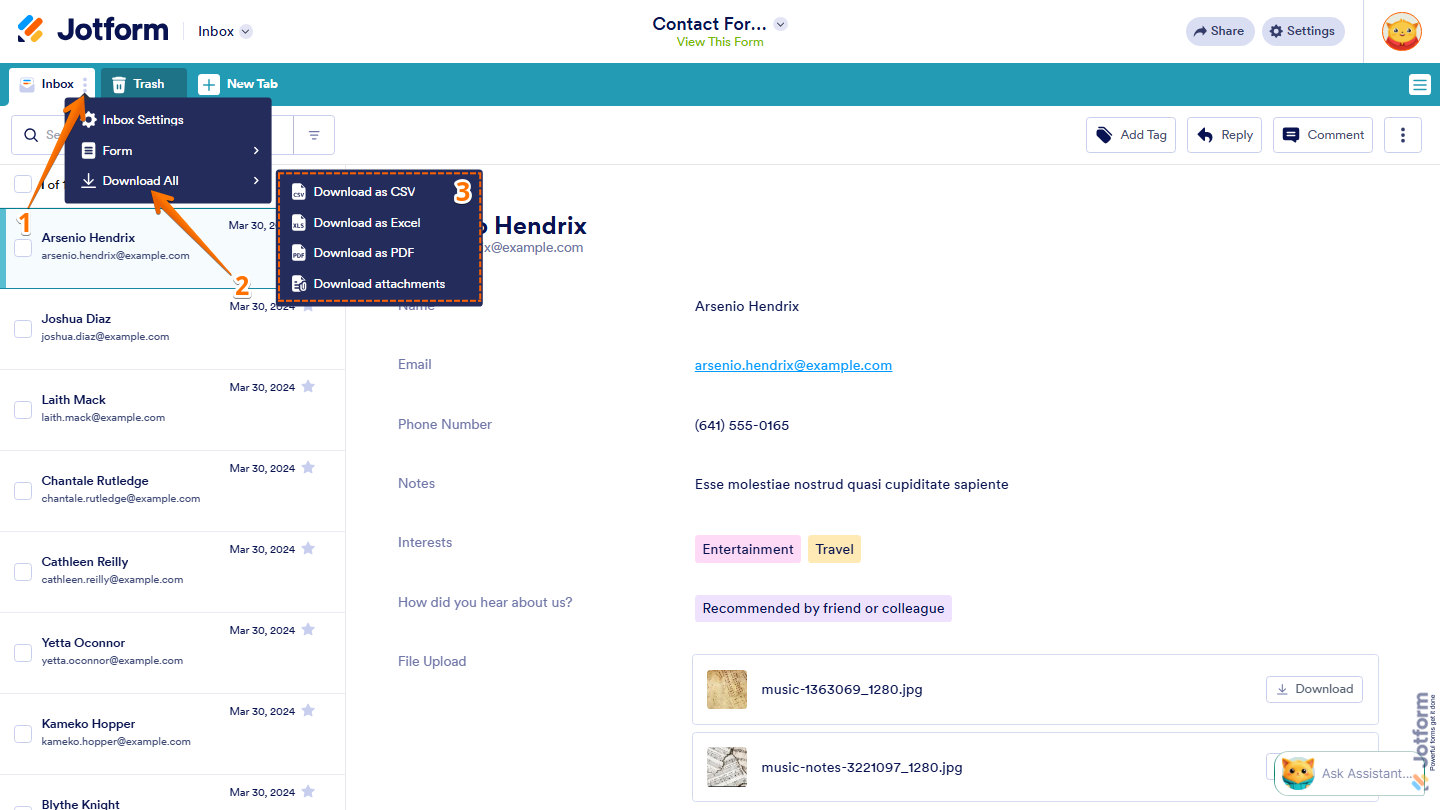 Jotform Inbox showing Download All menu with CSV, Excel, PDF, and Attachments export options for all submissions