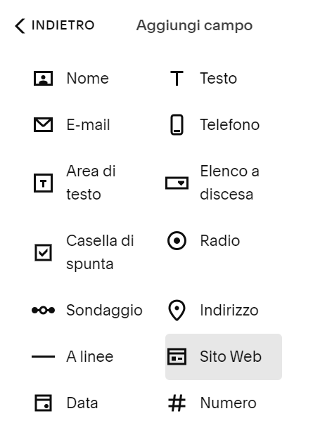Selezione del sito web nei campi del modulo