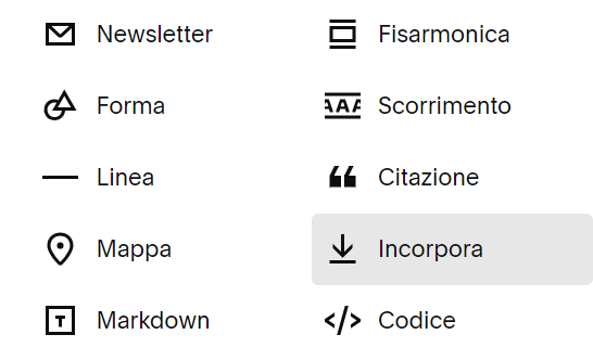 Selezione di Incorpora dalle opzioni