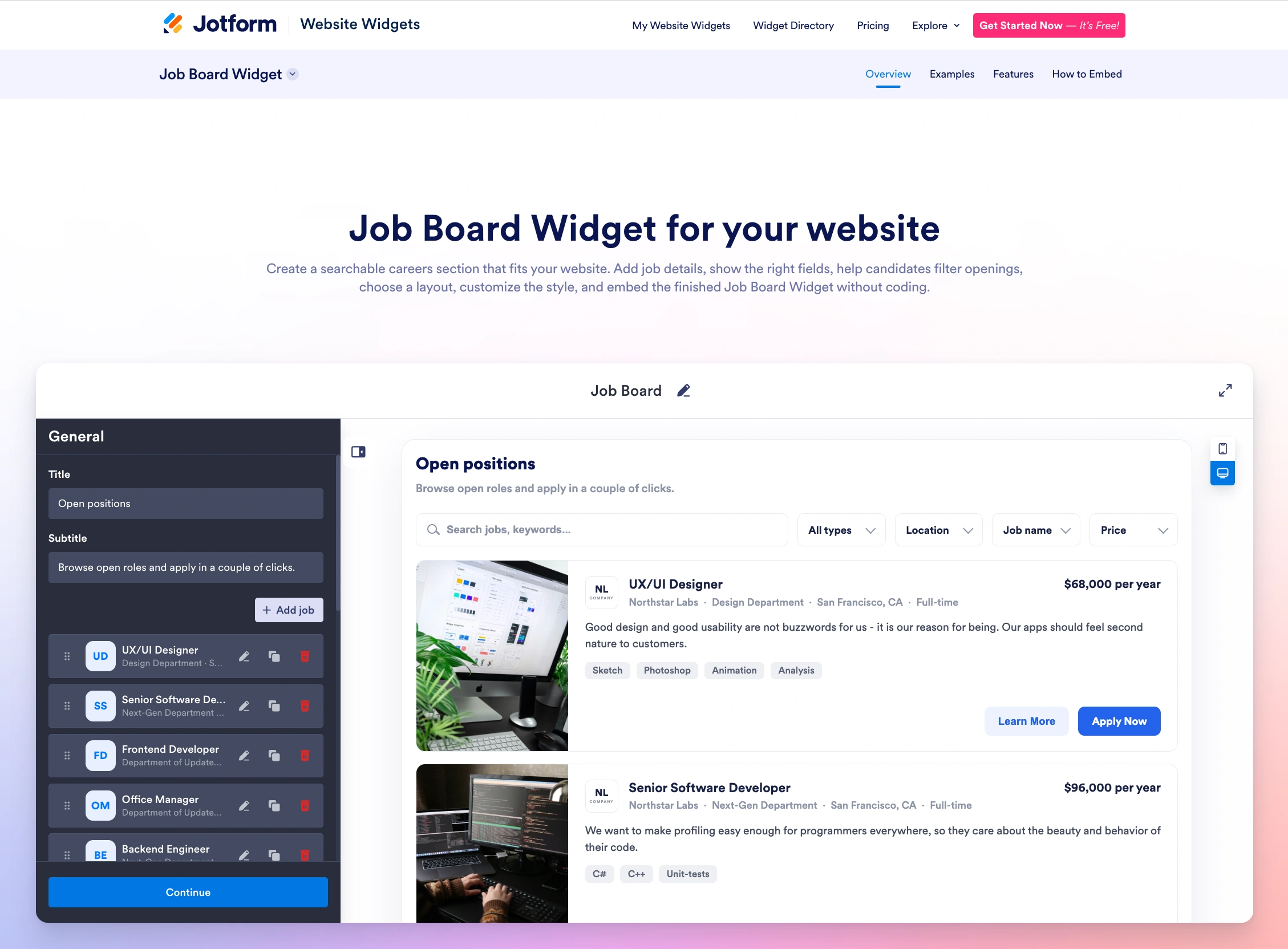 Screenshot of the Jotform Job Board Widget landing page