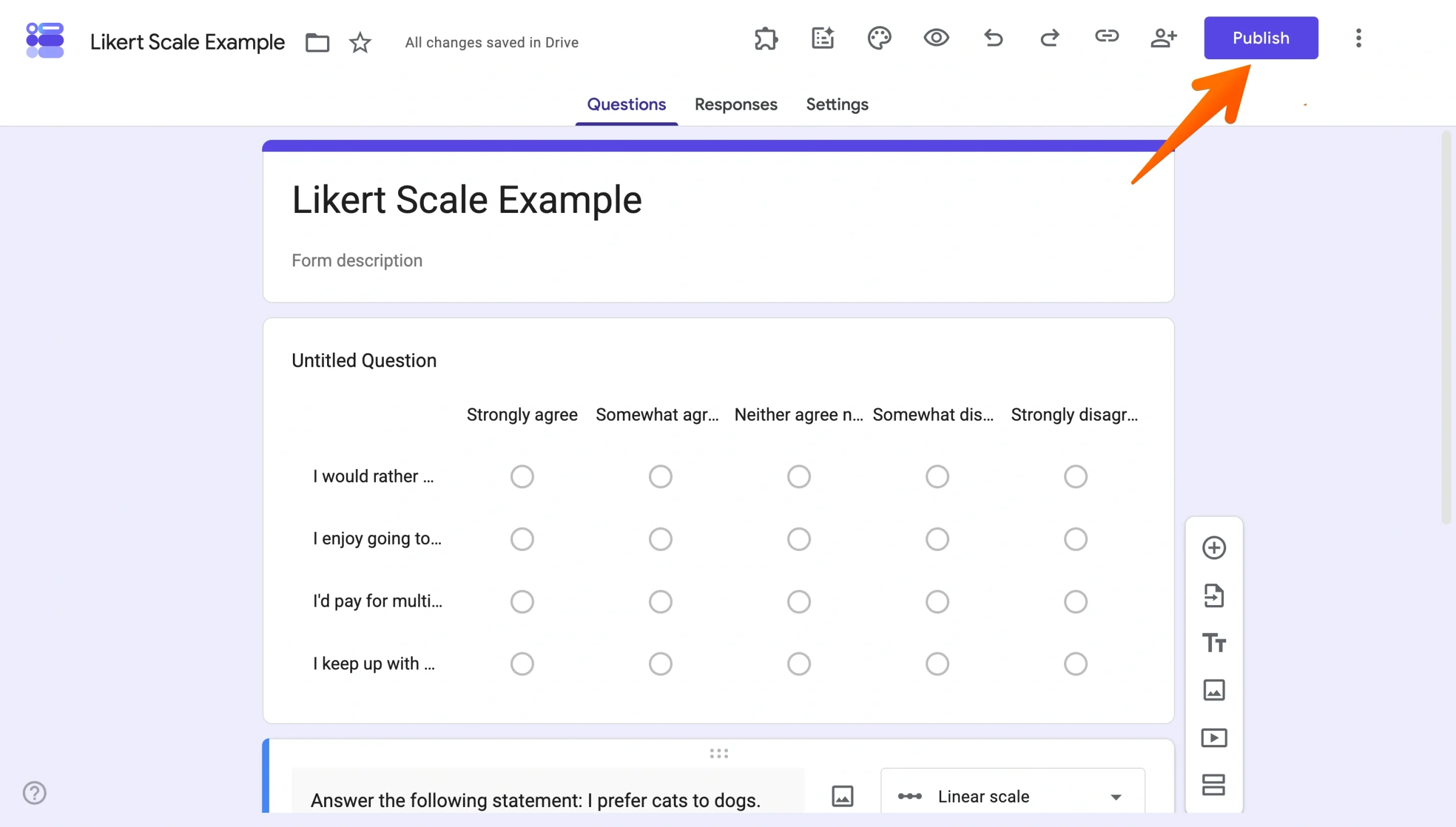 Completed Likert scale form with the Publish button highlighted