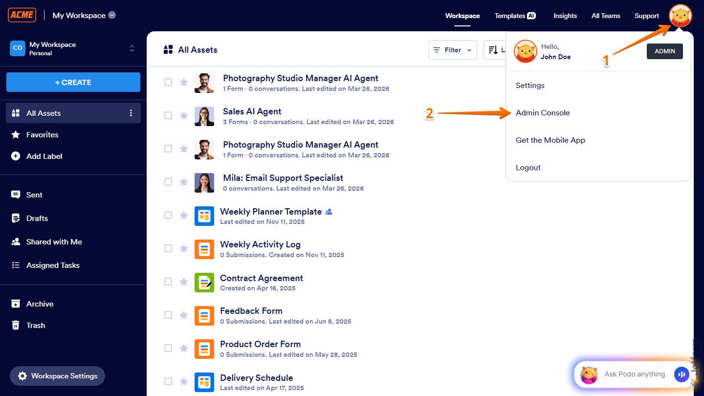 Workspace page showing Profile Picture menu with Admin Console option in Jotform