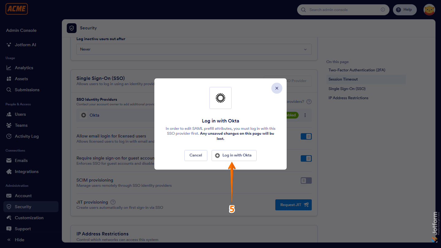 SAML Prefill window showing Login with provider button in Jotform