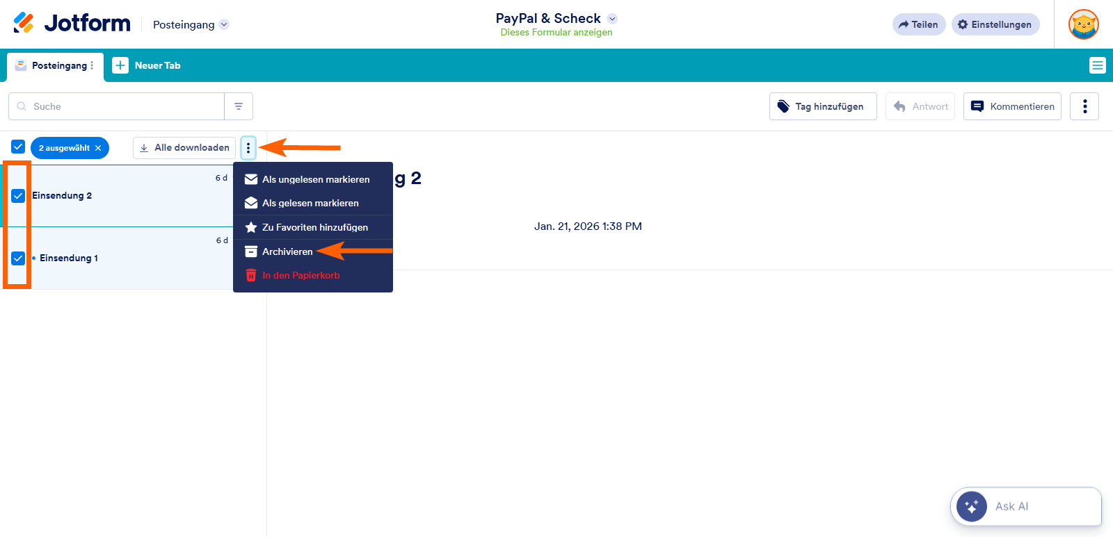 Wie Sie Formularantworten im Jotform Posteingang archivieren und dearchivieren Image-3