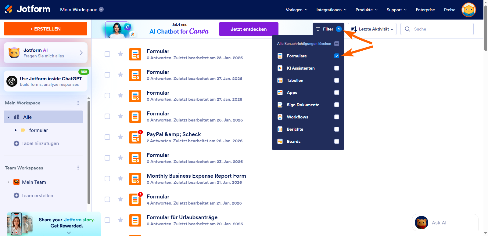 Wie Sie Formularantworten im Jotform Posteingang archivieren und dearchivieren Image-1