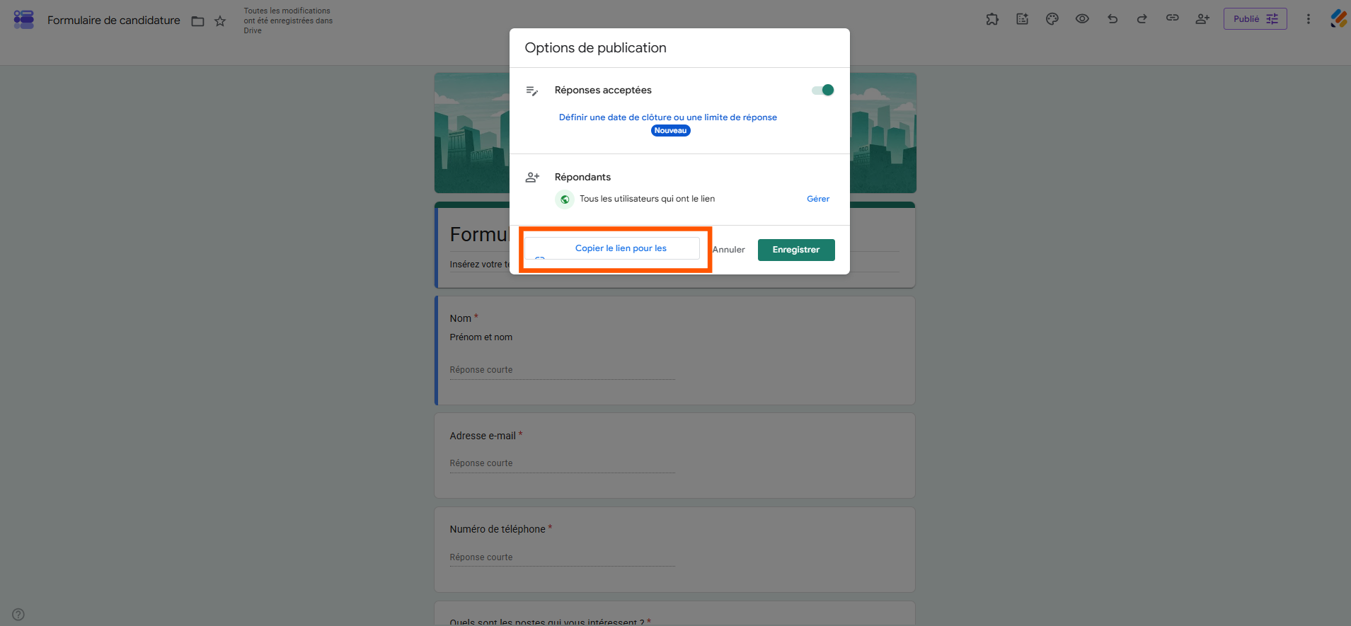Capture d'écran de l'interface Google Forms avec la fenêtre Options de publication et un encadré autour de Copier le lien pour les répondants